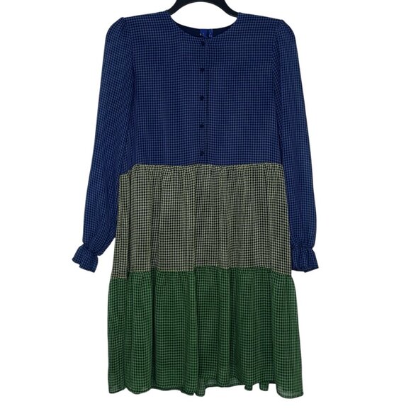 Resume Colorblock Gingham Dress Size 40 Med/LG Tiered Frock Long Sleeves Sophia - Picture 2 of 12